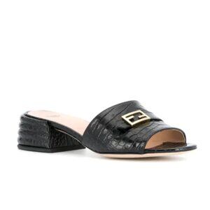 FENDI Crocodile Croc Embossed Black Leather Logo Plaque Slide Sandals 37 RARE
